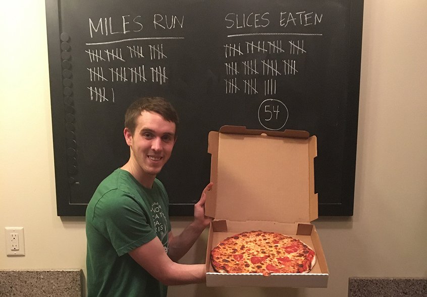 Blackboard measuring pizza and miles